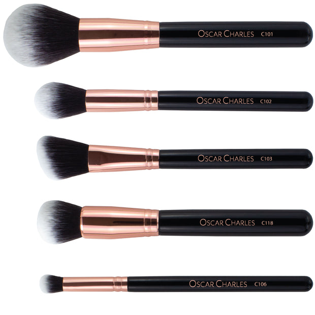 Oscar Charles 8 Piece Luxe Professional Makeup Brush Set & Luxury Cosmetic Bag, Rose Gold/Black
