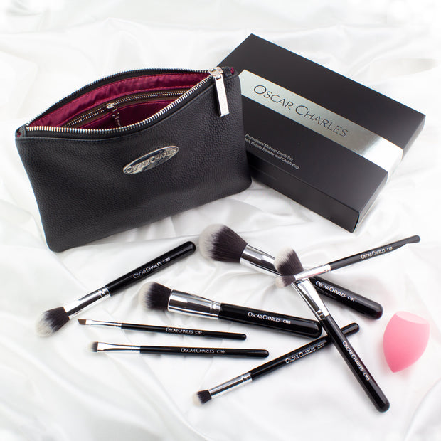 Oscar Charles 8 Piece Luxe Professional Makeup Brush Set 8 Piece & Luxury Cosmetic Bag. Argento/Nero